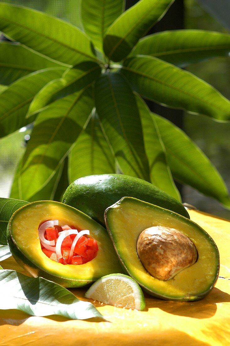 Whole and half avocados, one stuffed with diced tomatoes