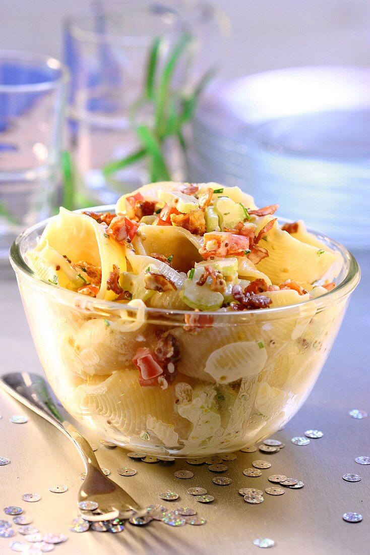 Pasta salad with bacon and celery