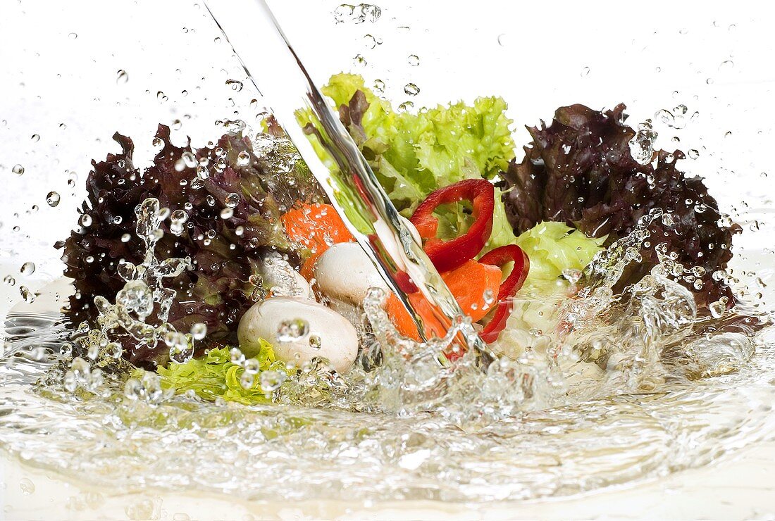 Salad ingredients in stream of water