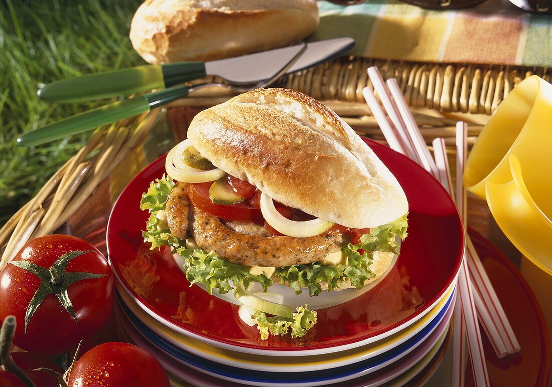 Brötchen mit Rostbratwurst zum Picknick