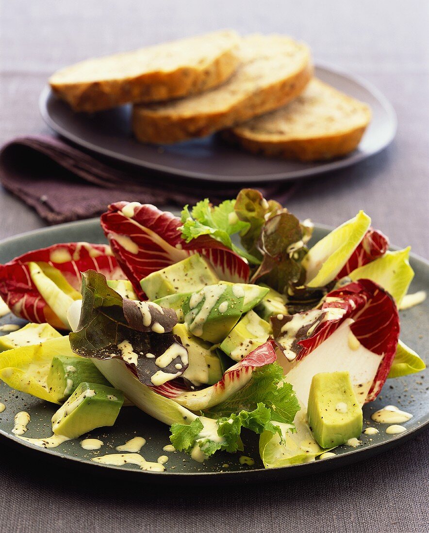 Green salad with avocado and mustard dressing