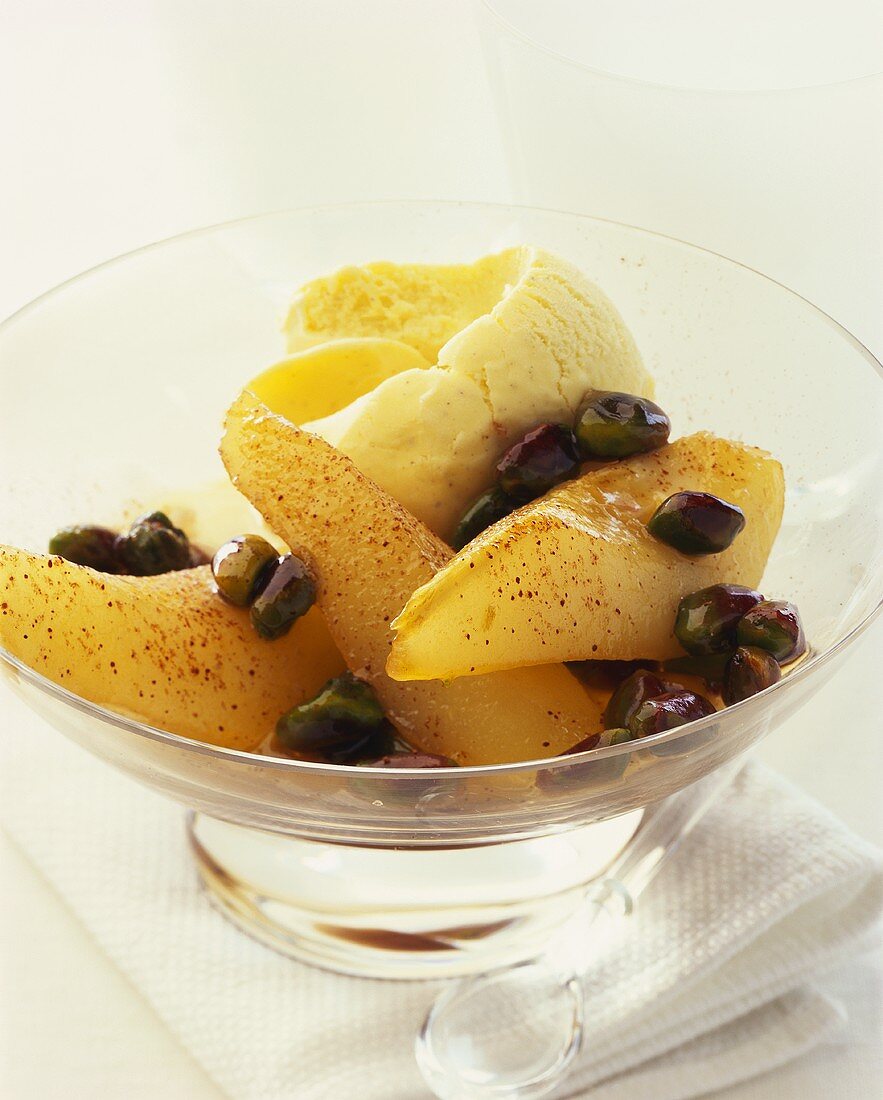 Pears with maple syrup, pistachios & vanilla ice cream