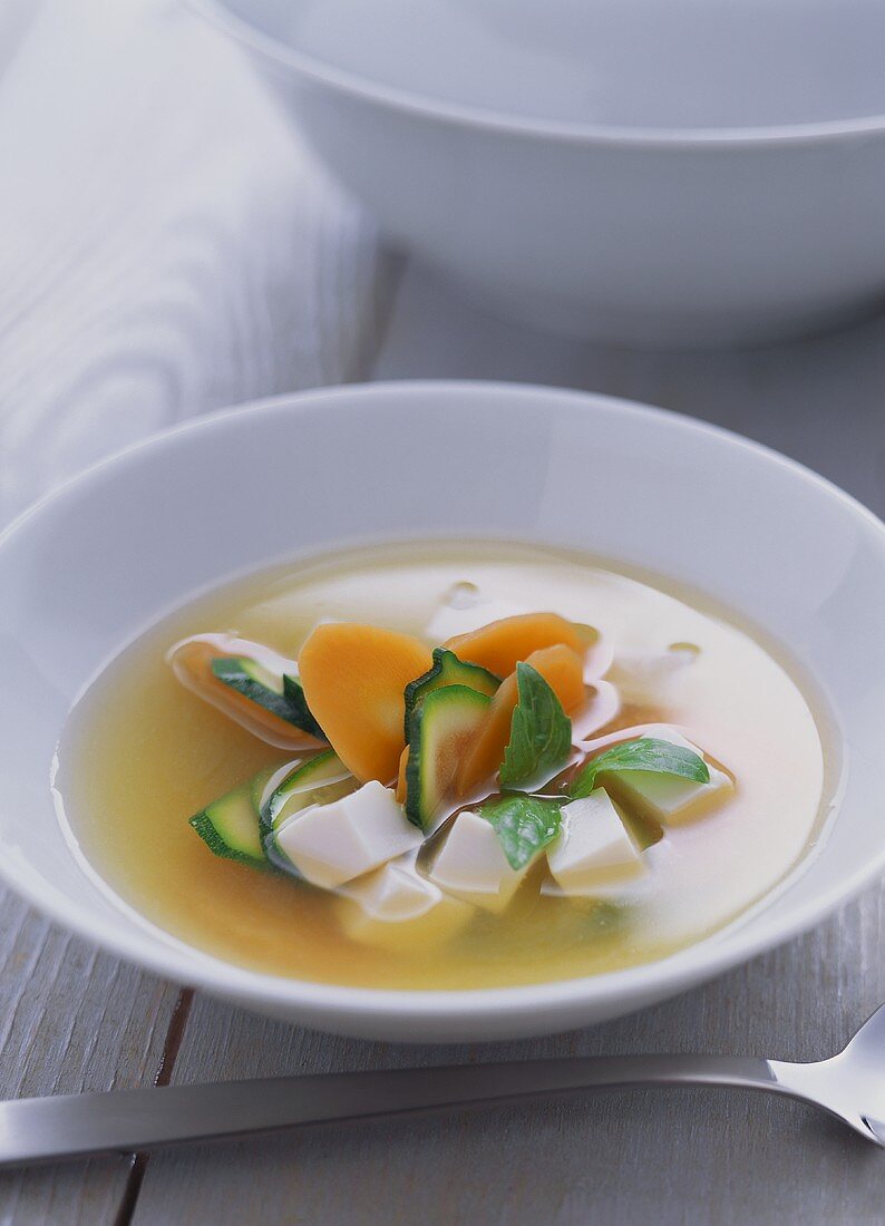 Miso soup with tofu, courgettes and carrots