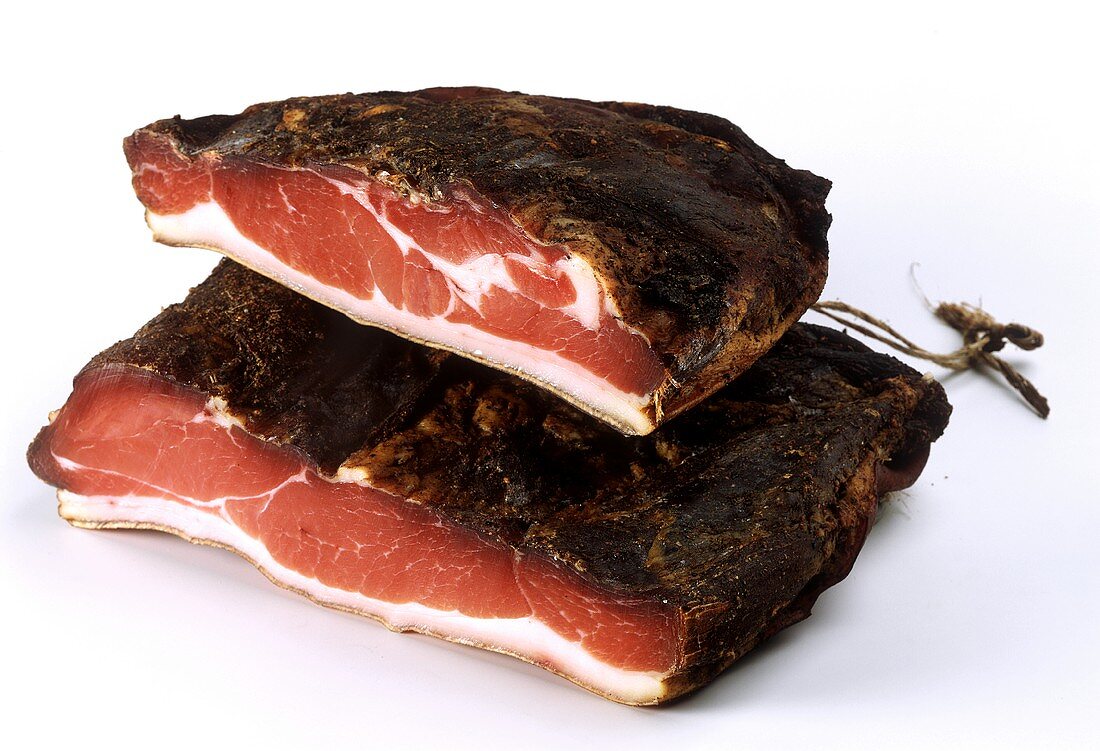 Two pieces of Tyrolean ham (schinkenspeck)