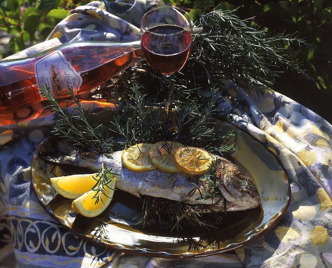 Gegrillte Dorade mit Rosmarin und Zitronenscheiben auf Teller