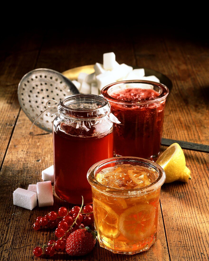Orange marmalade, redcurrant jelly, strawberry jam