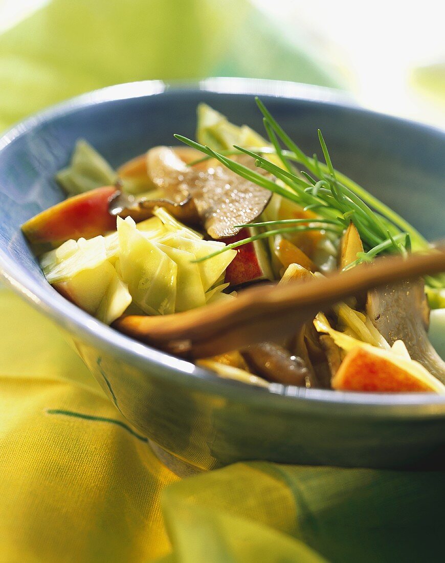 Grilled oyster mushrooms with vegetables, fruit & chives