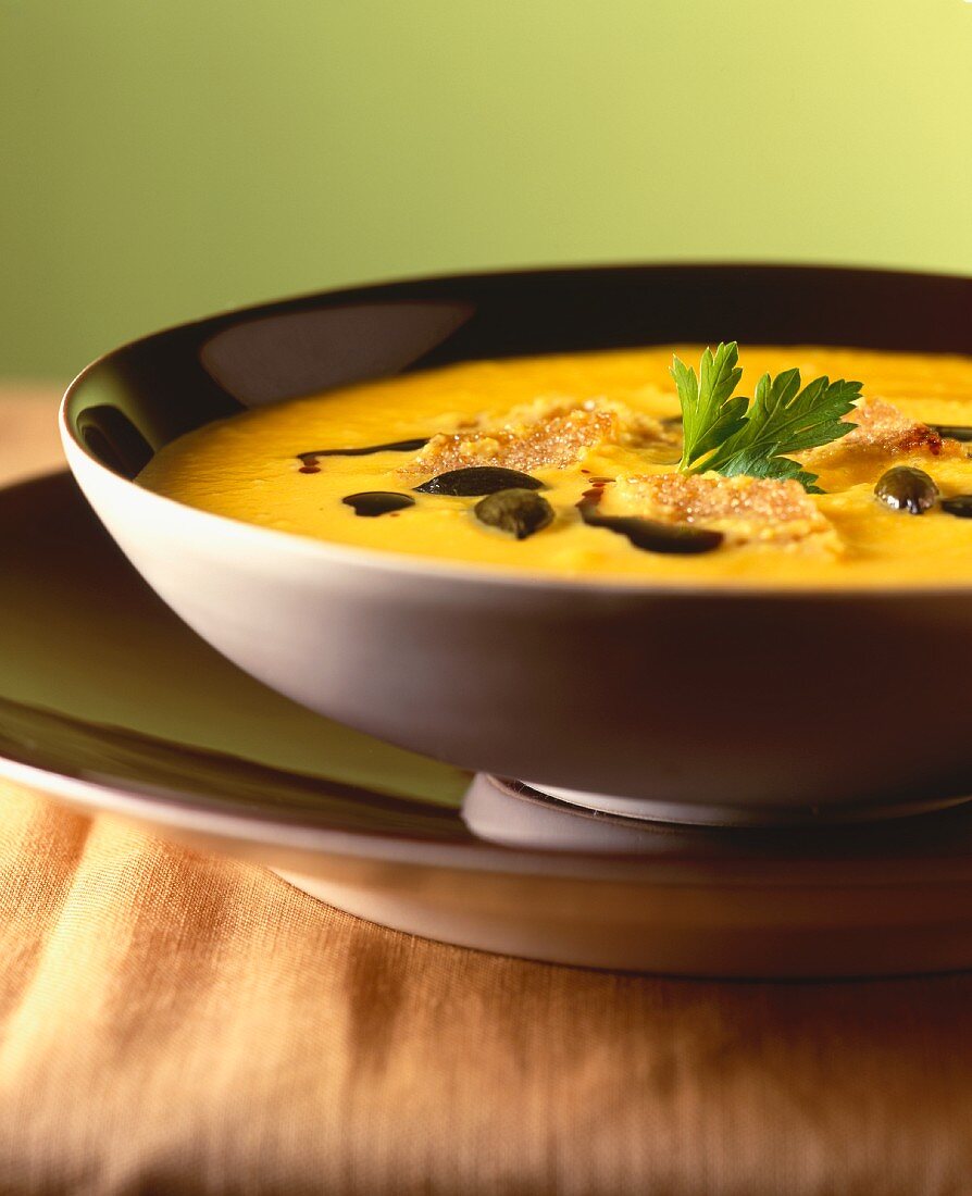 Cream of pumpkin soup with toasted croutons