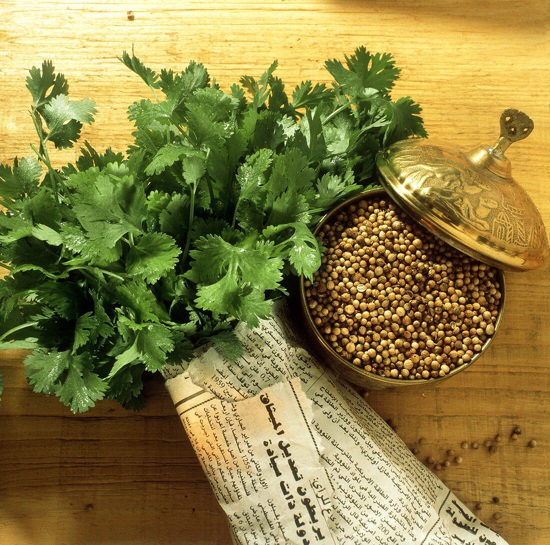 Fresh coriander leaves wrapped in paper, coriander seeds