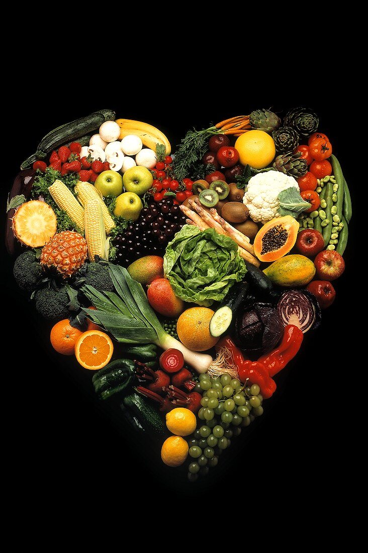 Assorted Fruits and Vegetables in the Shape of a Heart