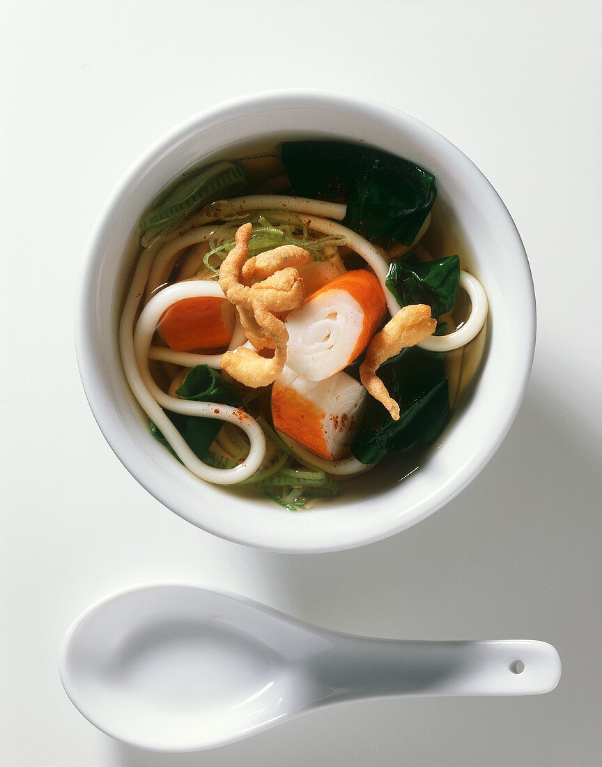 Noodle with crabmeat in a small bowl