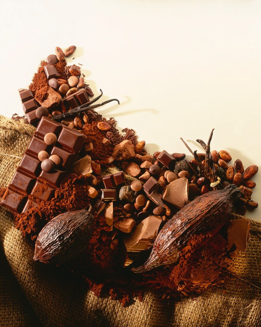 Kakaofrucht, Kakaobohnen, Kakaopulver und Schokolade