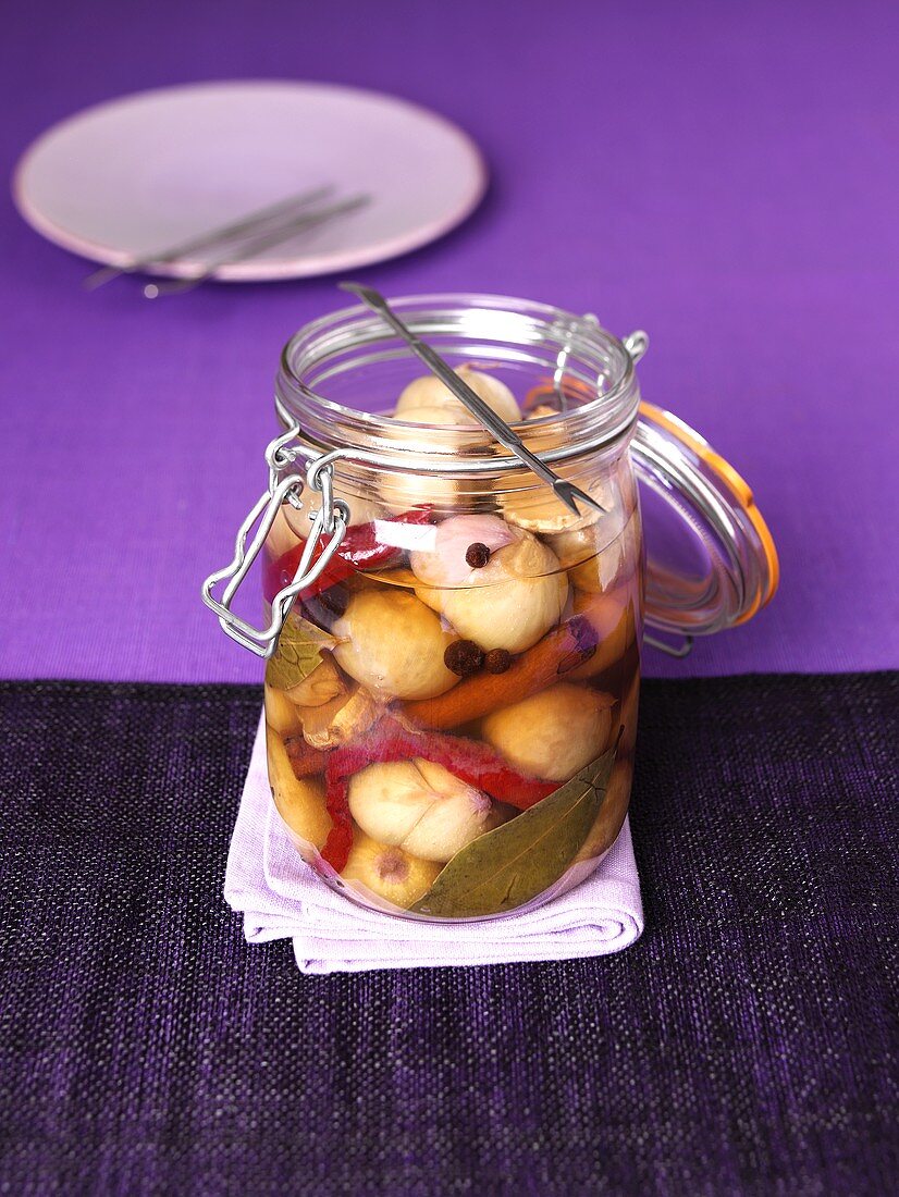 Pickled onions in jar