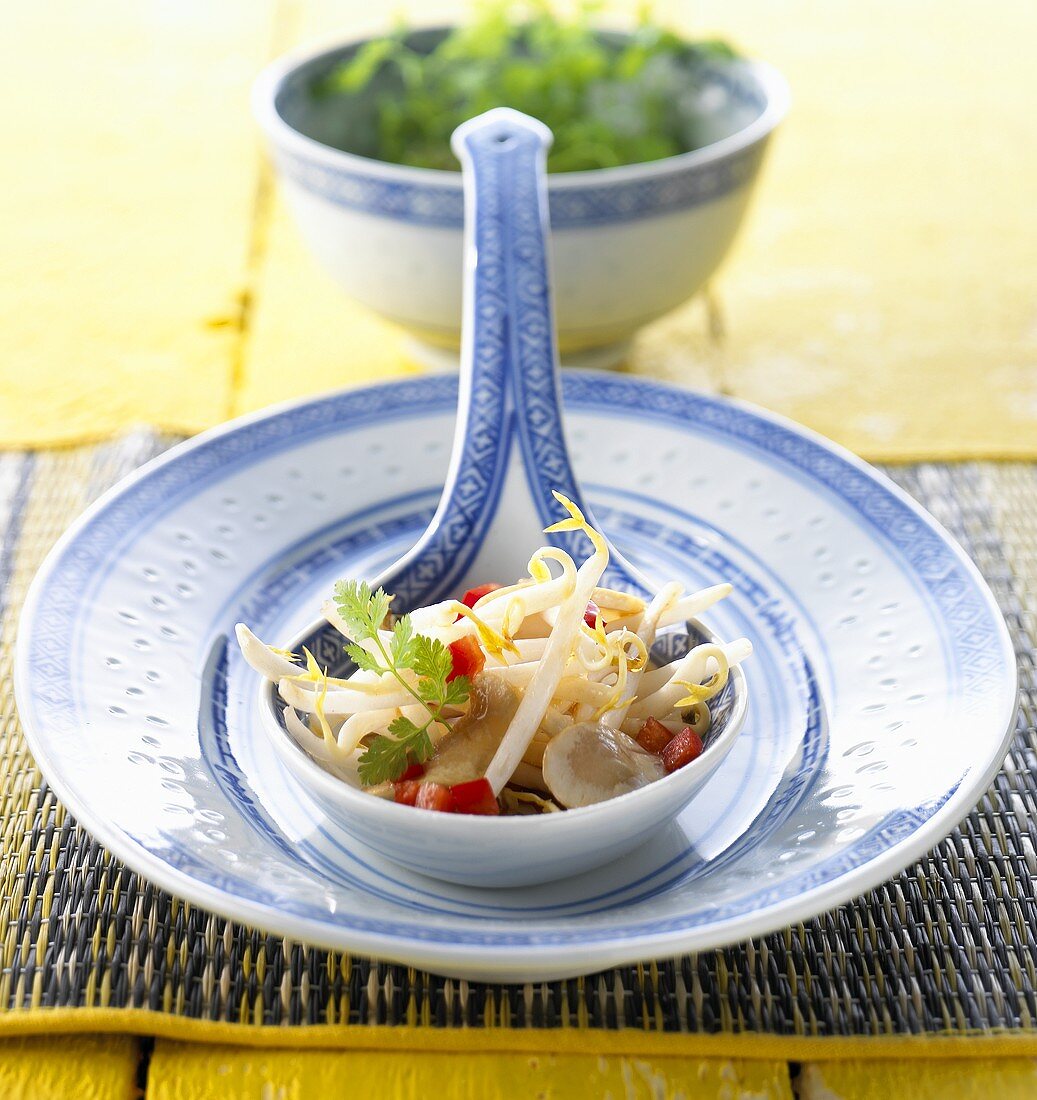 Soya sprout salad on spoon (China)