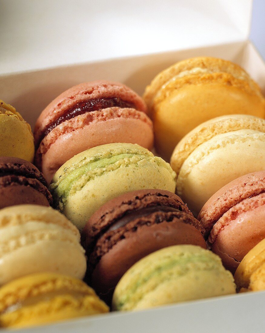 Coloured macaroons in a box