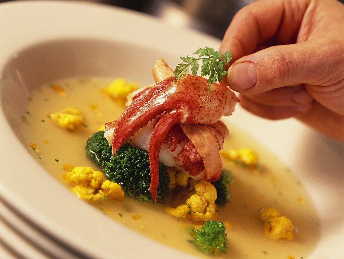 Lobster with cauliflower and broccoli pickled in turmeric