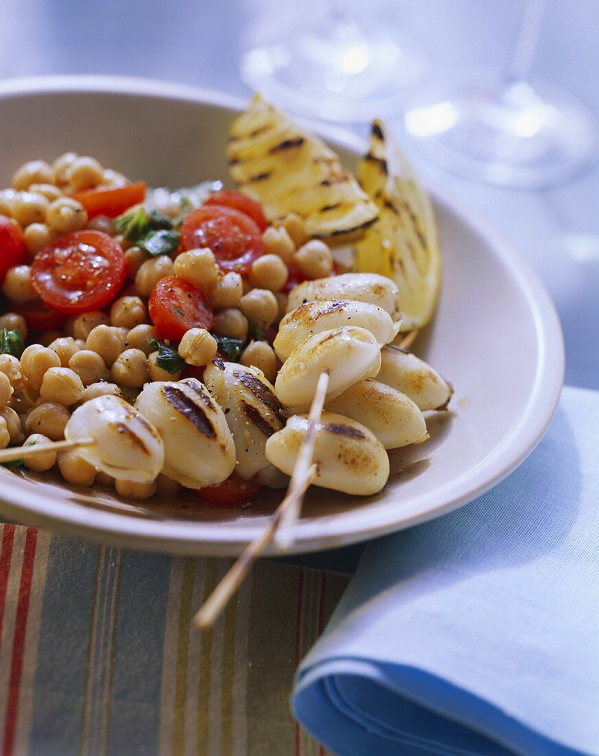 Barbecued squid kebabs with chick-pea salad