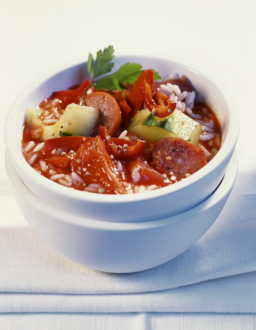 Pepper and tomato stew with sausage and rice