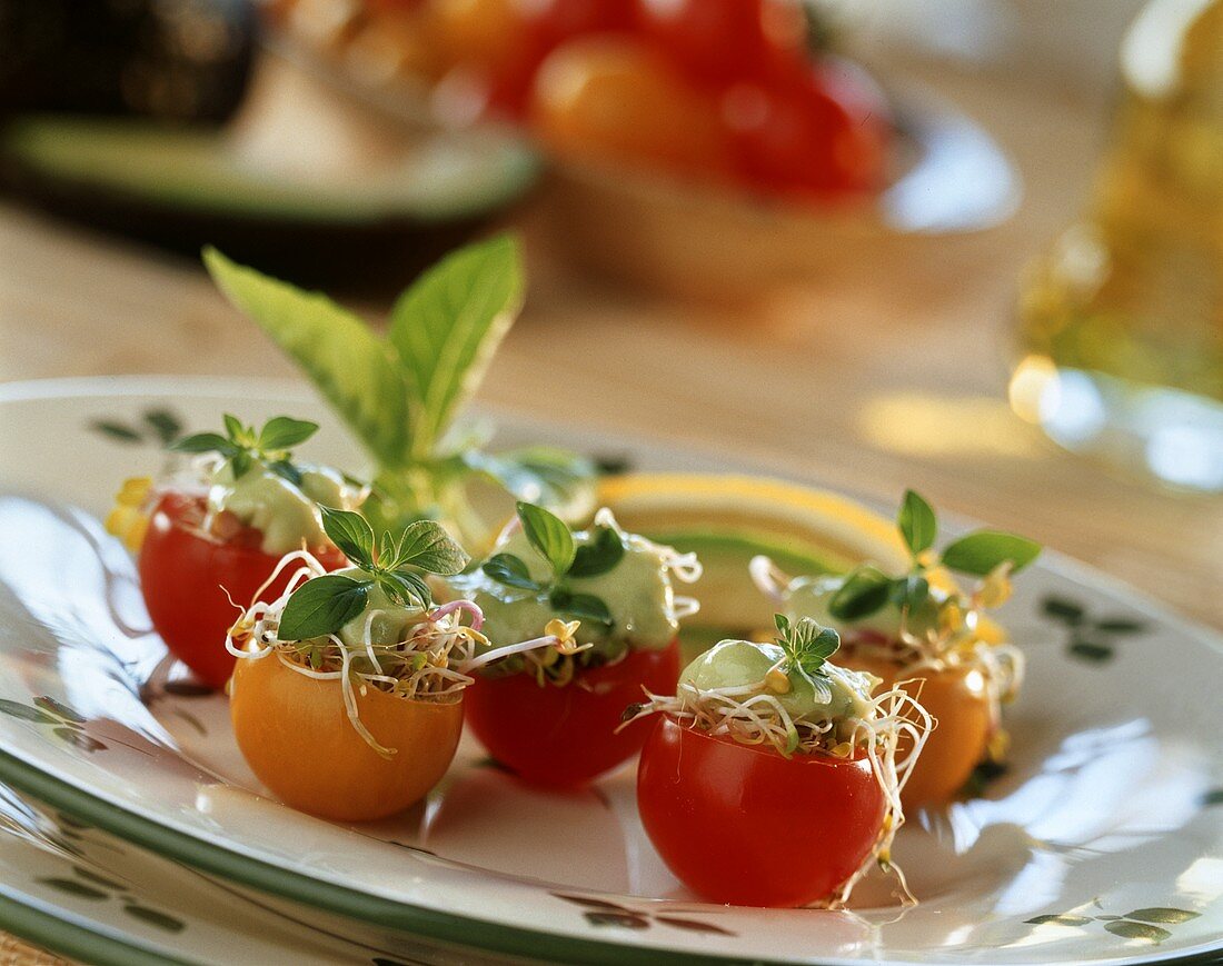 Stuffed cherry tomatoes with sprouts and avocado cream