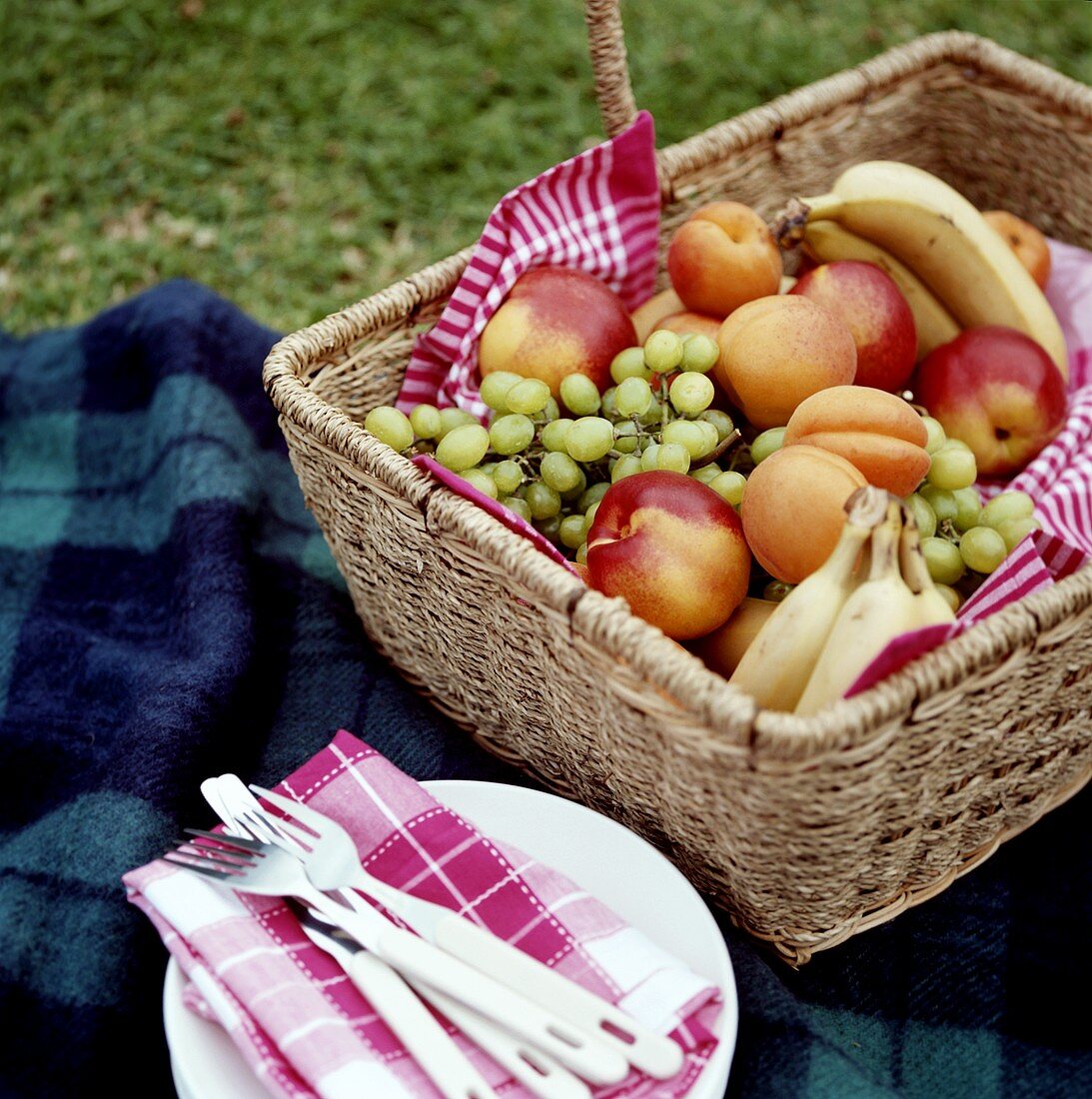 Picnic with basket of fruit