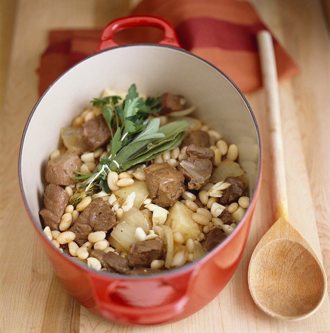 Making beef and bean stew with herbs