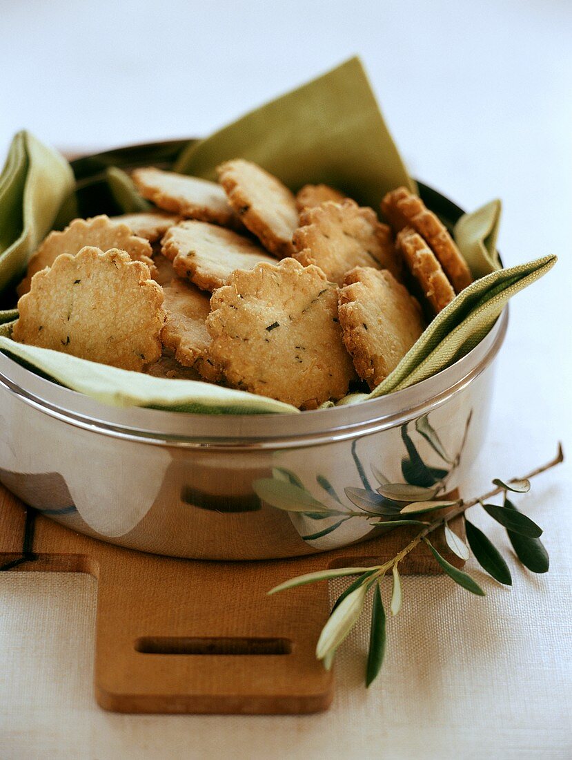 Parmesan biscuits in silver bowl