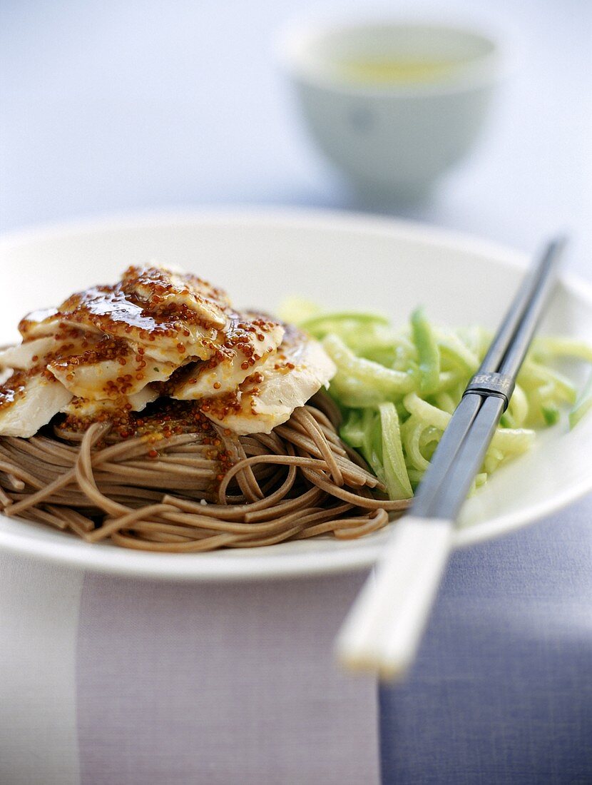 Chicken breast with mustard sauce on soba noodles
