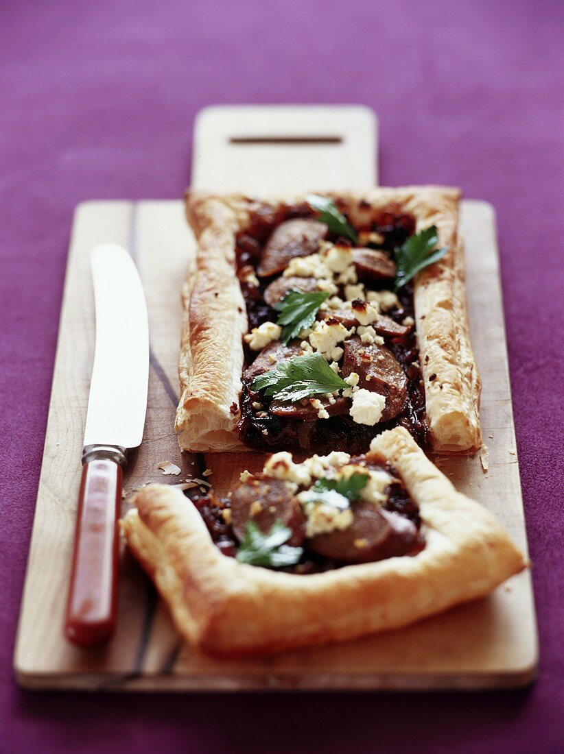 Sausage, onion and sheep's cheese tart