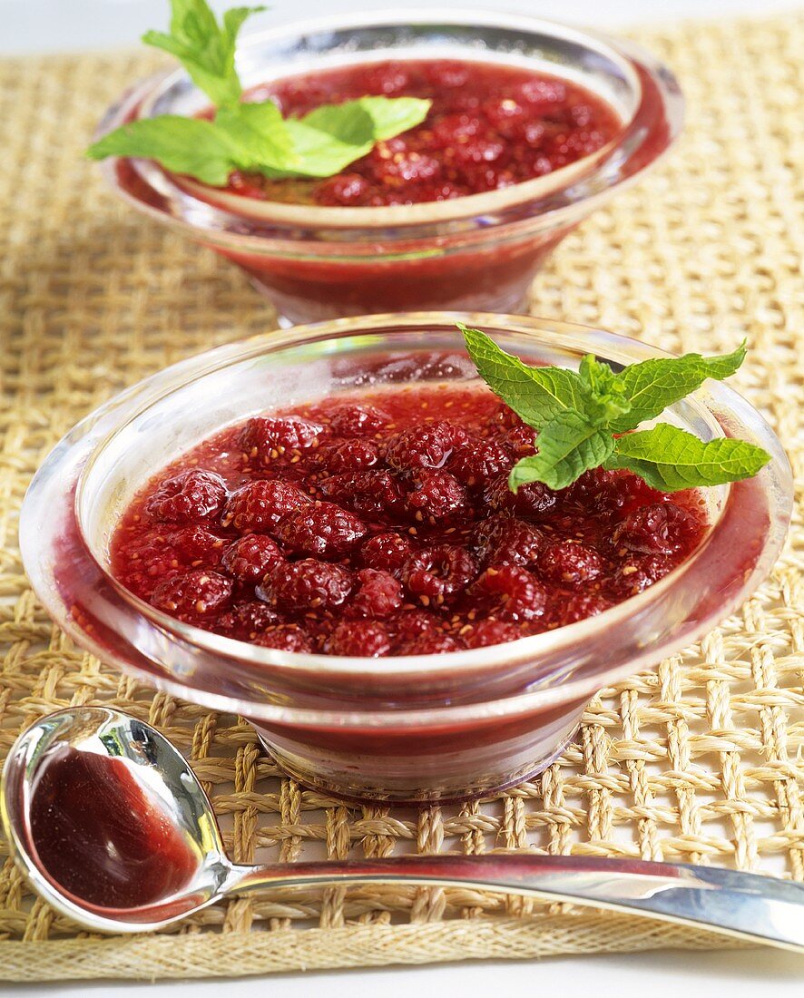 Raspberry jelly with mint leaves