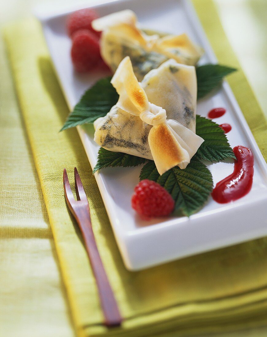 Filo pastry with basil and cheese filling on raspberry leaves