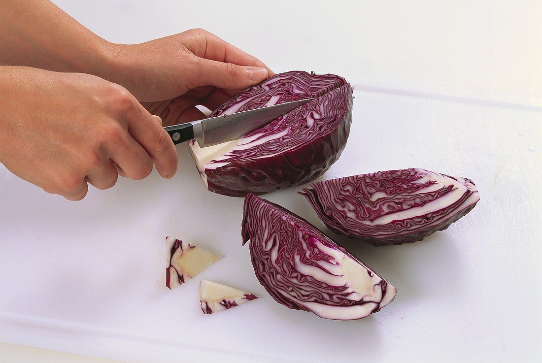Quartering a red cabbage