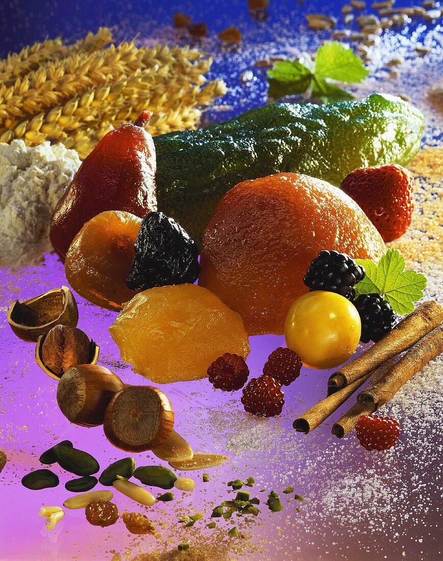 Still life with candied fruit, chestnuts etc.
