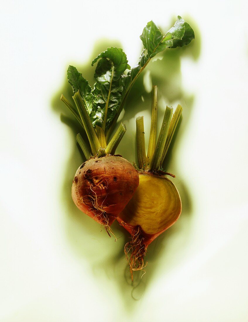 Halved yellow beets (related to beetroot)