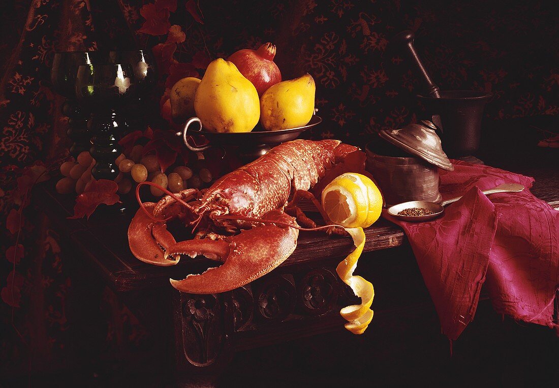 Still life with lobster and fruit