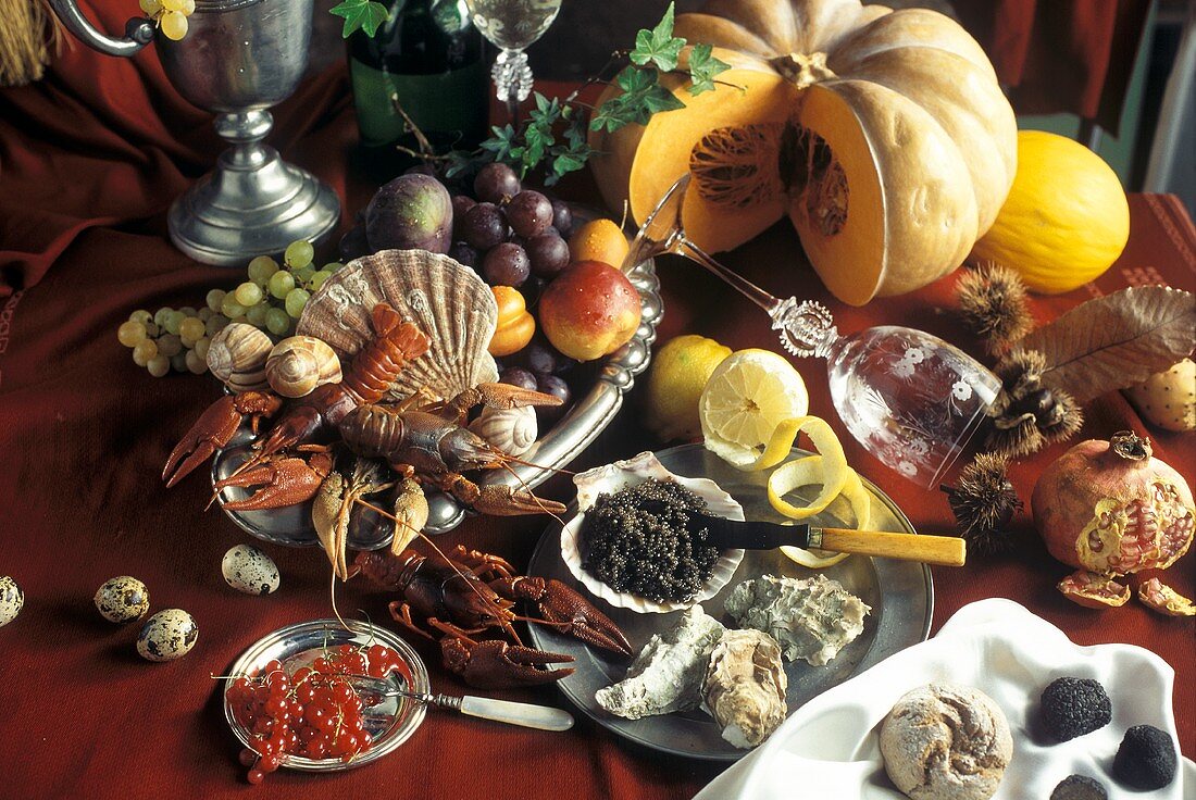 Still life with seafood, caviare, pumpkin & fruit