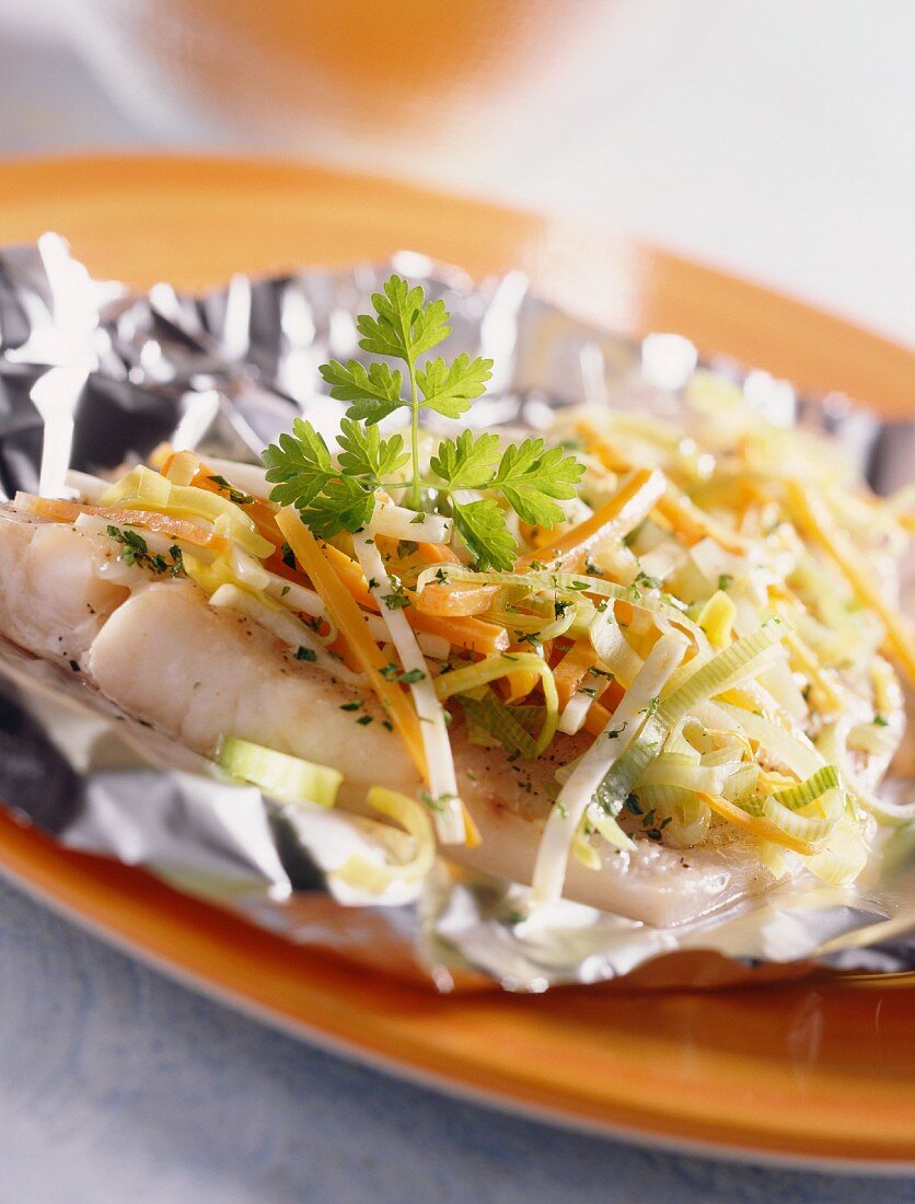 Sea bass with vegetable strips