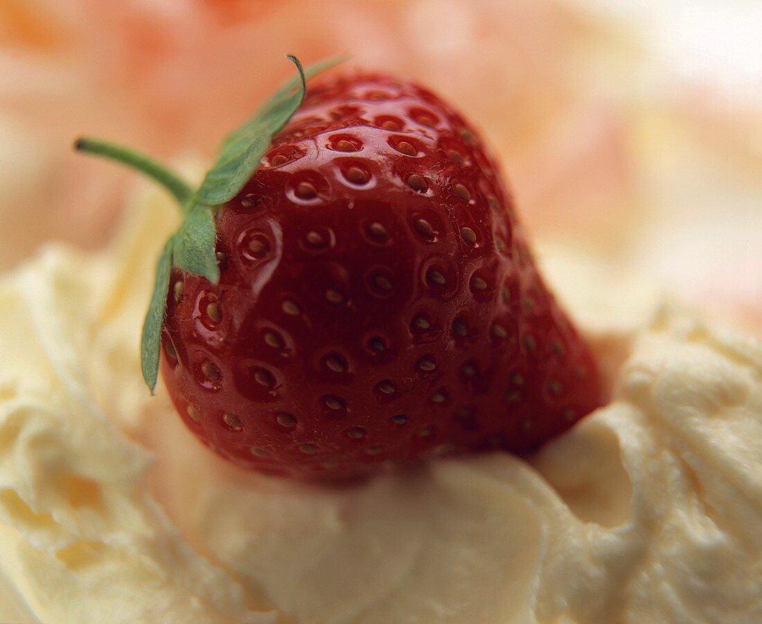 Eine Erdbeere auf Sahnejoghurt