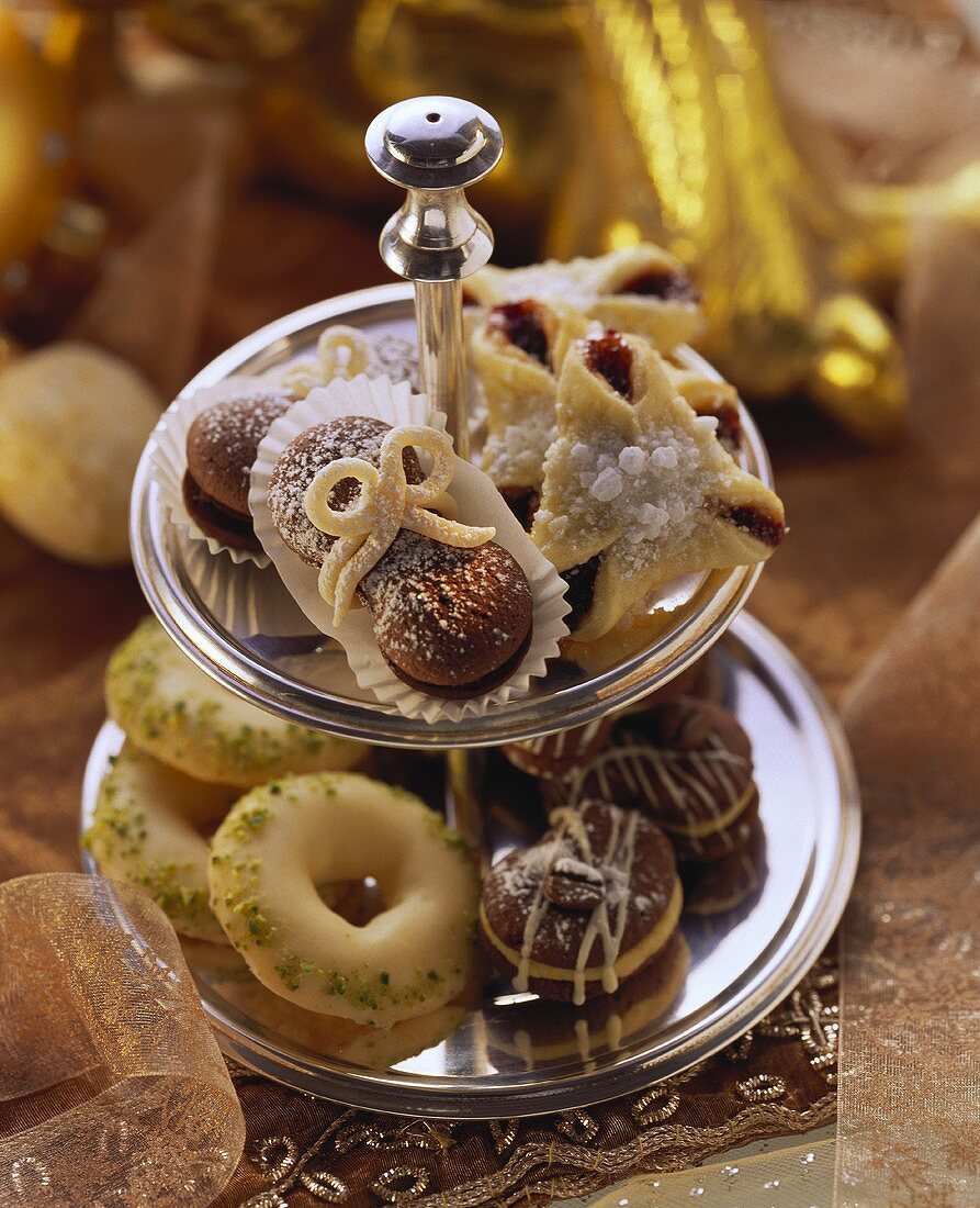 Assorted Christmas biscuits on tiered stand