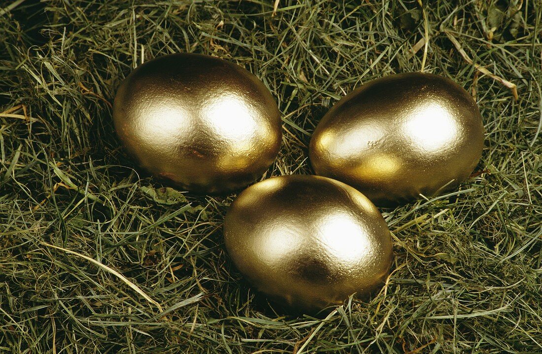 Golden eggs lying in a nest