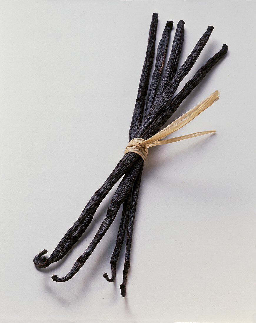 Several vanilla pods, tied together