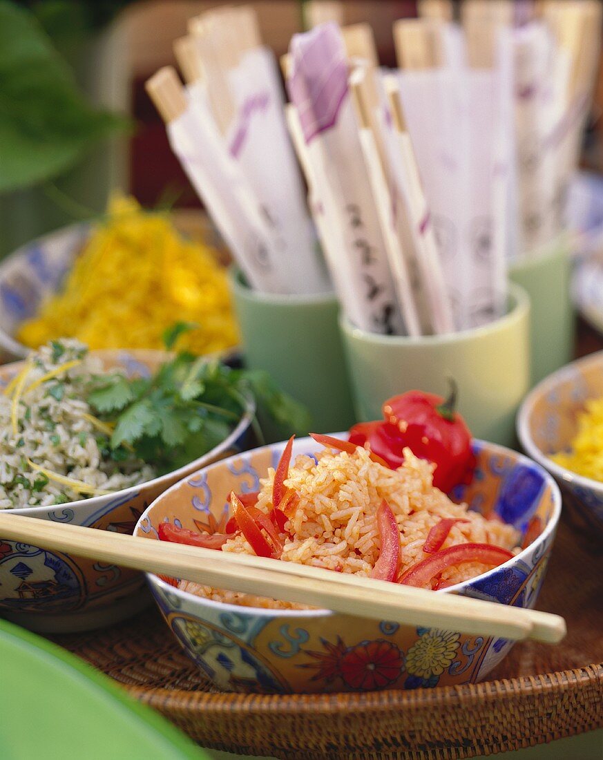 Colourful rice salads in bowls