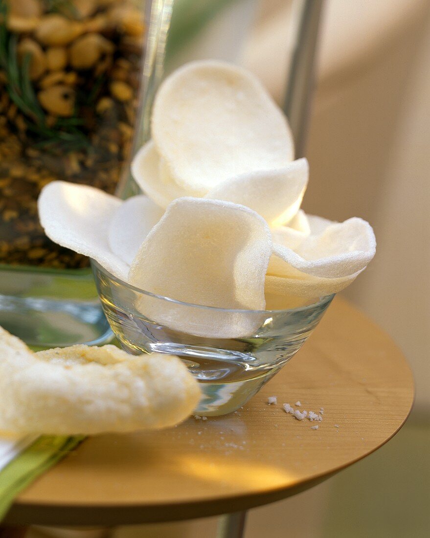 Shrimp crackers (krupuk) in a glass bowl