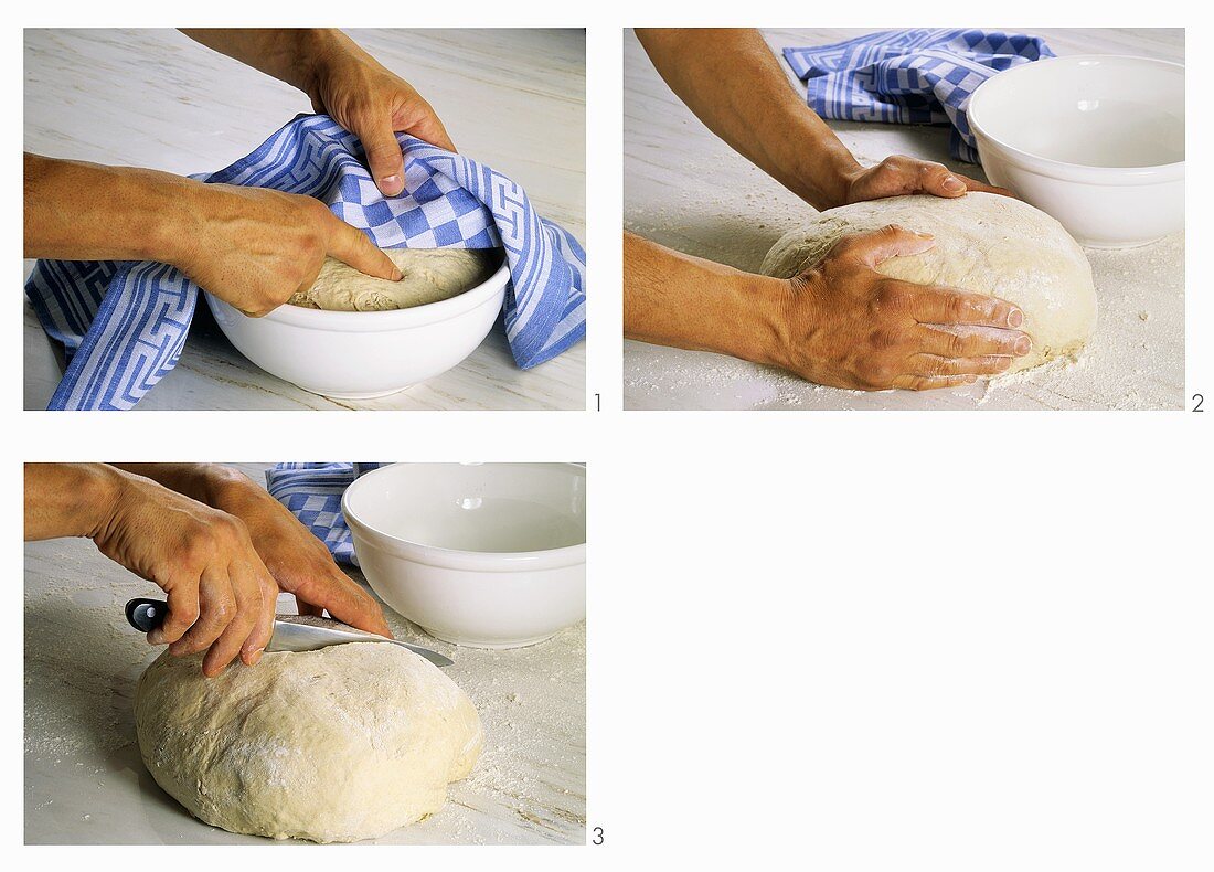 Cutting into risen bread dough