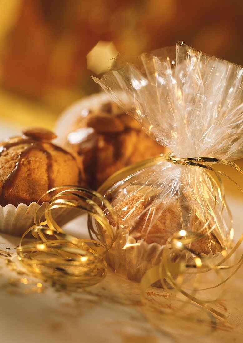 Almond muffin in gift wrapping