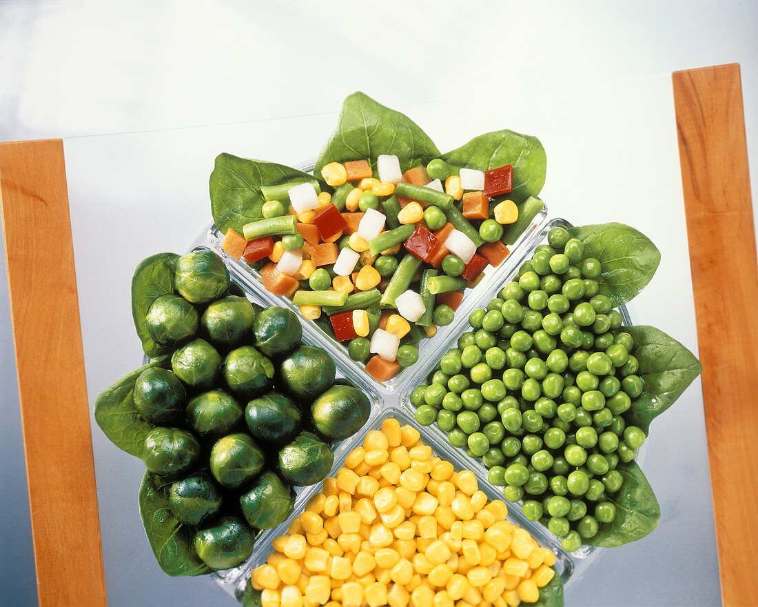 Sweetcorn, peas, mixed vegetables and Brussels sprouts
