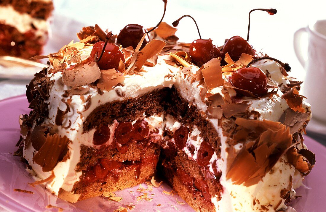 Black Forest cherry gateau with grated chocolate, a piece cut