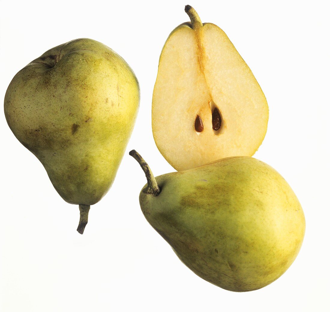 Two whole pears and half a pear (Blanquilla)