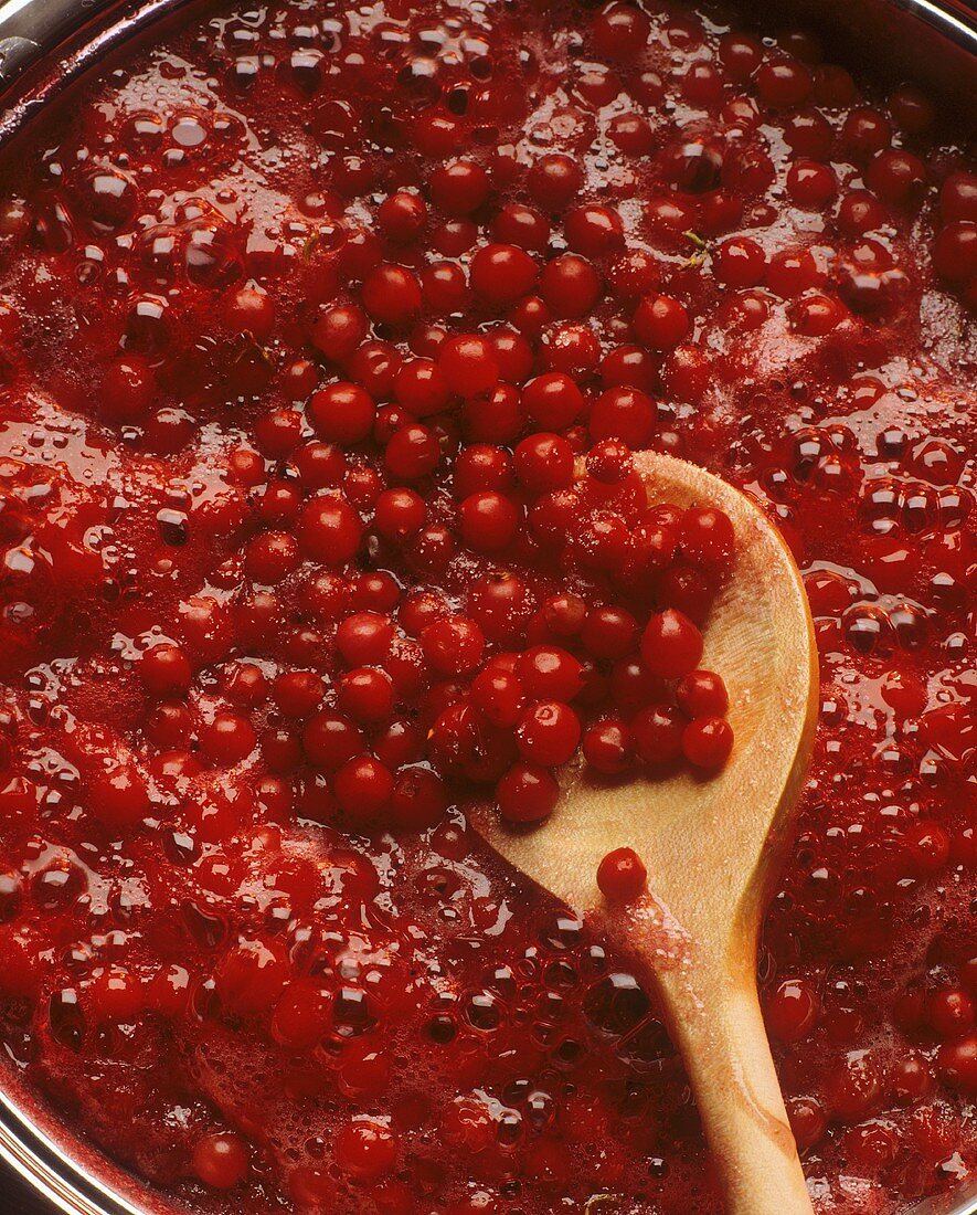 Stewing cranberries; kitchen spoon (close-up)