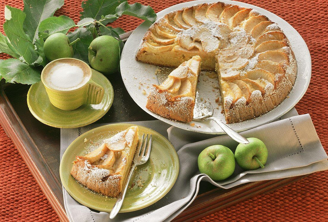 Apple cake, slices cut, one piece on plate