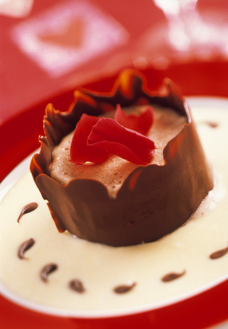Törtchen mit Schokoladenrand auf Vanillesauce
